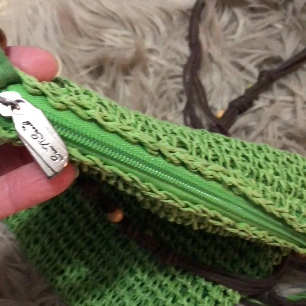 FREE WITH $25 PURCHASE Sun N Sand Woven Bag-Crossbody-Beaded Accents-Green/Brown